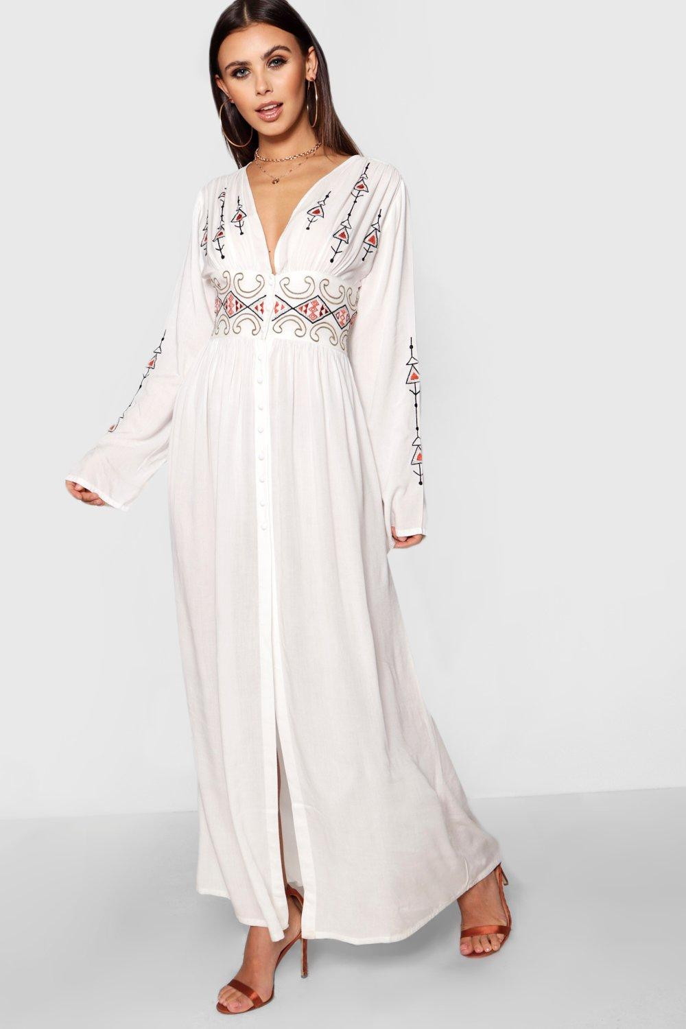 Womens Petite Embroidered Button Front Maxi Dress - White - 0 | Boohoo.com (US & CA)