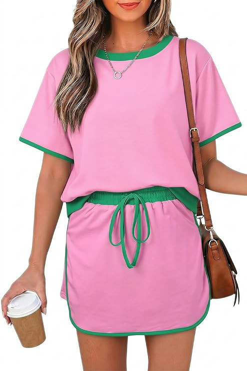 Opemiby Womens 2 Piece Skort Set 2026 Color Block Short Sleeve Top Drawstring Skort Matching Sets... | Amazon (US)