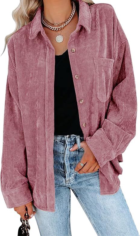 Amazon.com: GOORY Womens Corduroy Shirts Casual Loose Button Down Shacket Jacket Long Sleeve Pock... | Amazon (US)