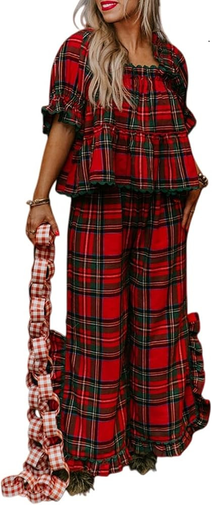 UAURORAO Women Plaid Ruffle Pajama Set Puff Short Sleeve Smocked Babydoll Top Slit Wide Leg Pants... | Amazon (US)