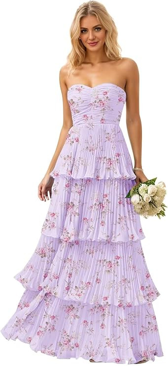 Strapless Ruffle Prom Dresses for Women Long Flowy Tiered Chiffon Formal Evening Gowns | Amazon (US)