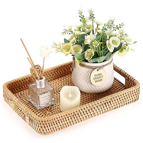 Hipiwe Rattan Serving Tray Hand Woven Tray with Handles Rattan Rectangular Basket Trays for Storage Breakfast Dessert Fruit Decorative Trays for Coffee Table, 11.8x7.9x1.8inch | Amazon (US)