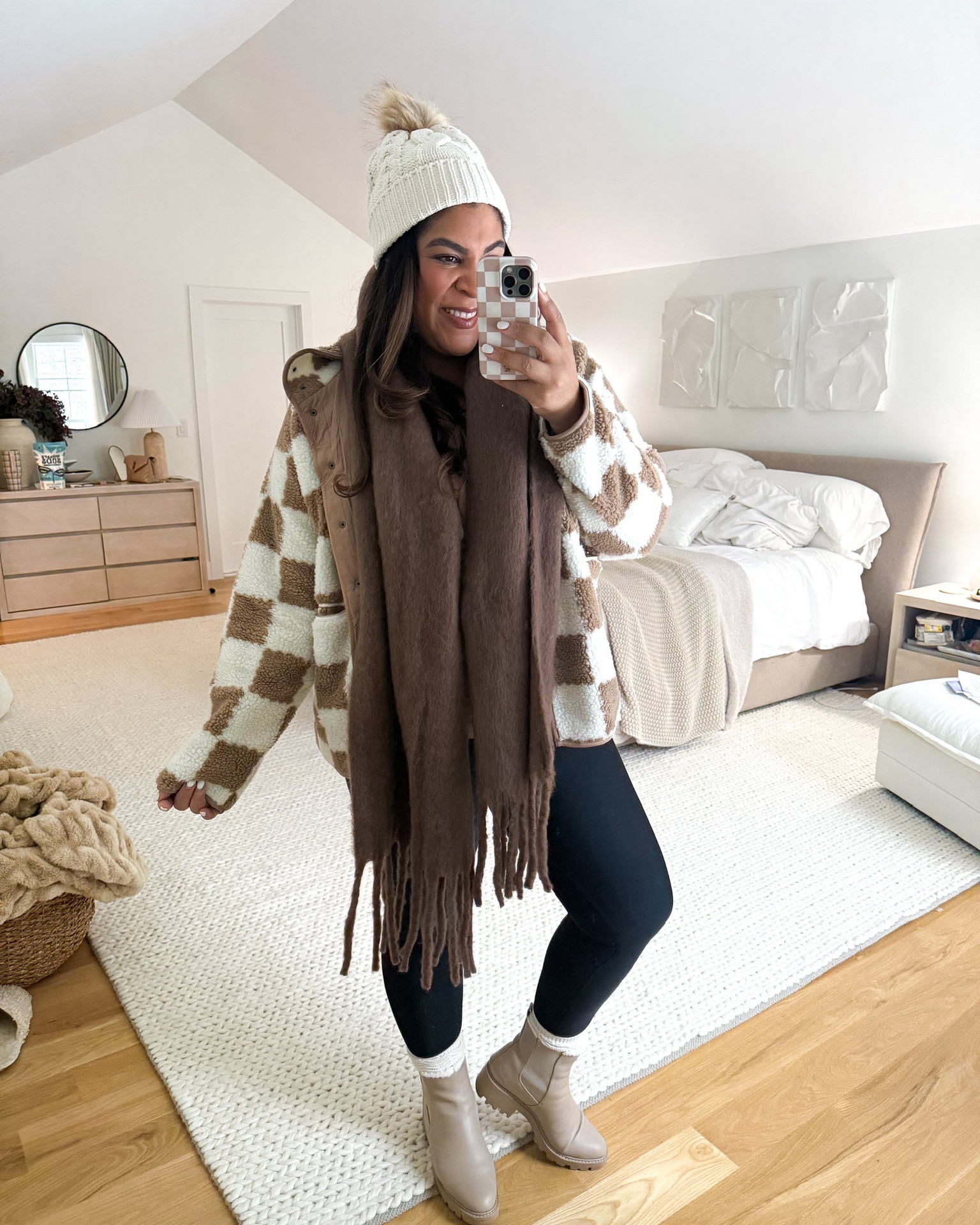 This checkered sherpa is the best! I’m 5’9” size 12/XL & 25 weeks pregnant wearing a size XXL in the sherpa  & a size L for leggings

#LTKMidsize #LTKBump #LTKootd