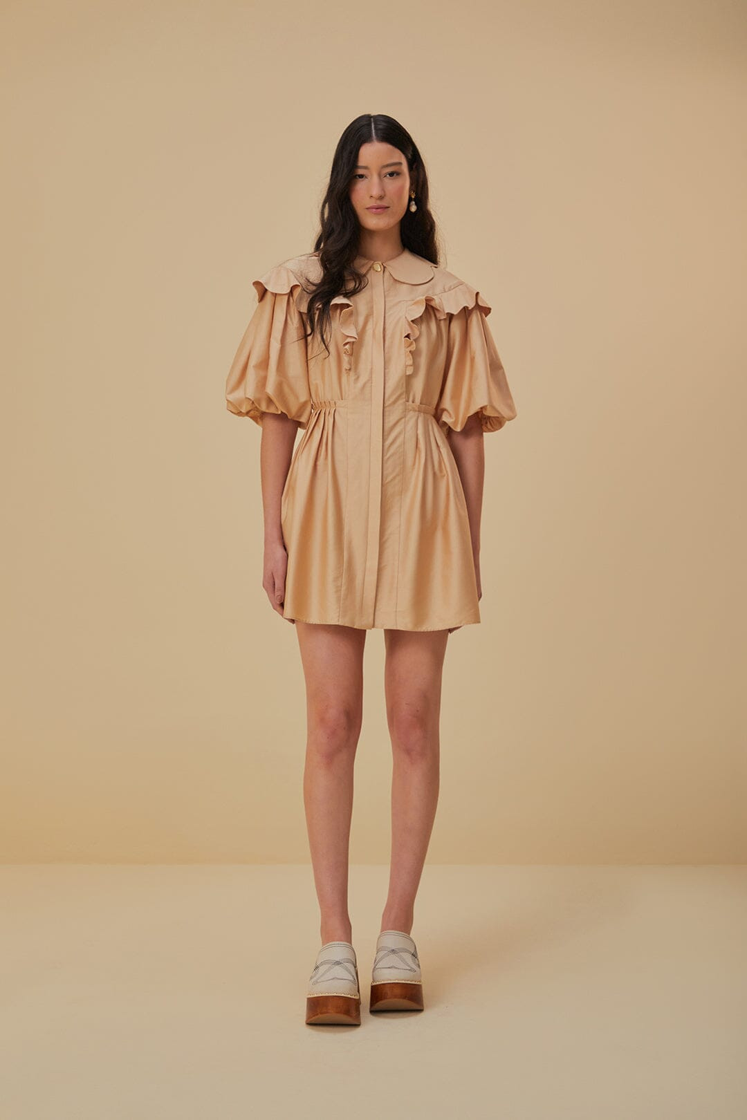 Beige Short Sleeve Mini Dress | FarmRio (US)