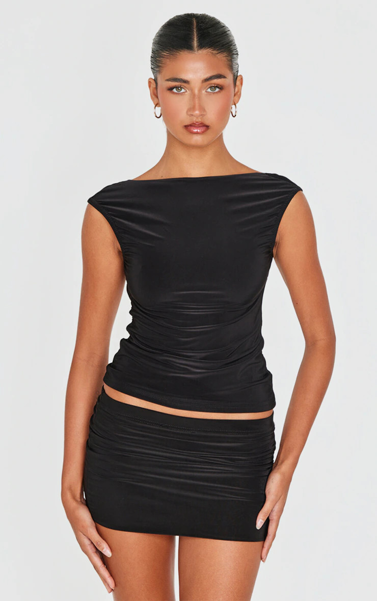 Black Slinky Open Back Longline Top | PrettyLittleThing US