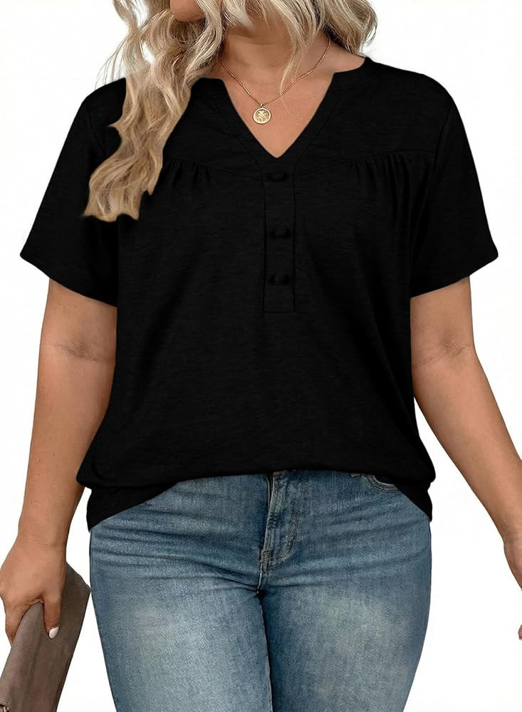 Eytino Plus Size T Shirts for Women Summer Short Sleeve V Neck Button Down Casual Basic Loose Tun... | Amazon (US)