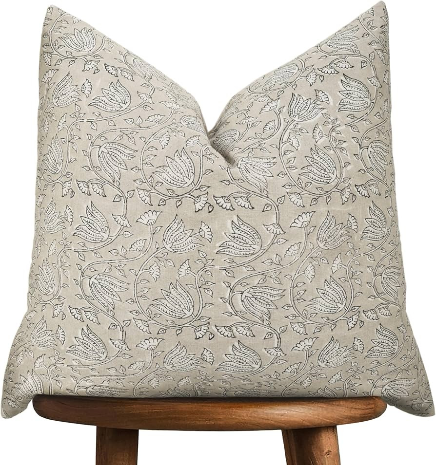 Hand-block printed, artisan-made neutral accent throw cushion cover- Thick cotton cushion for sof... | Amazon (US)