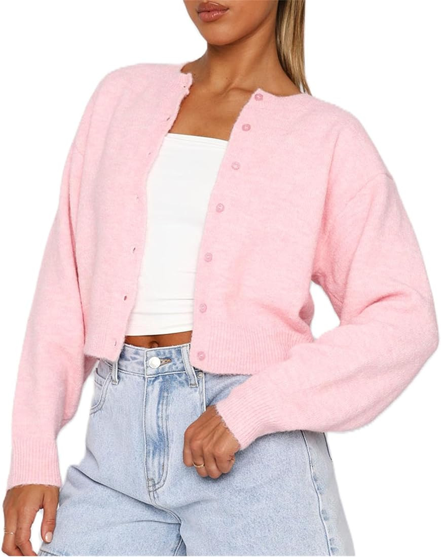 Women Y2K Button Down Sweater Cardigan Long Sleeve Solid Crew Neck Knit Pullover Tops Cute Fashio... | Amazon (CA)