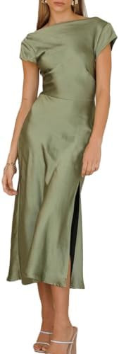 Women's Summer Satin Elegance Backless Twist Cap Sleeves Midi Dress 2025 Sexy Cowl Neck Slit Cock... | Amazon (US)