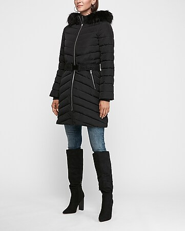 long belted puffer coat | Express