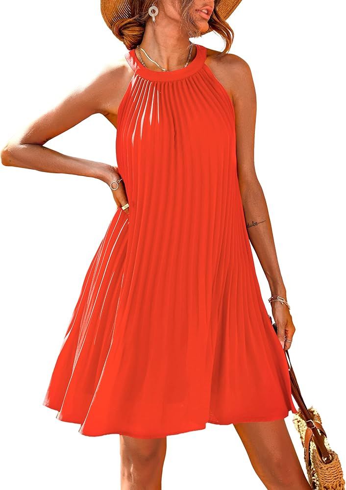 PRETTYGARDEN Women's Cute Halter Neck Sleeveless Mini Dress Solid Color Flowy Pleated Beach Dress... | Amazon (US)