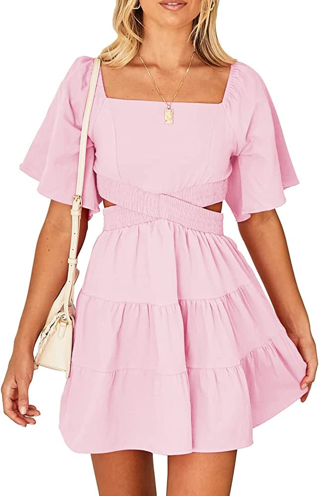 Shy Velvet Women's Summer Dress Square Neck Light Pink Dress Pink Summer Dress With Sleeves | Amazon (US)