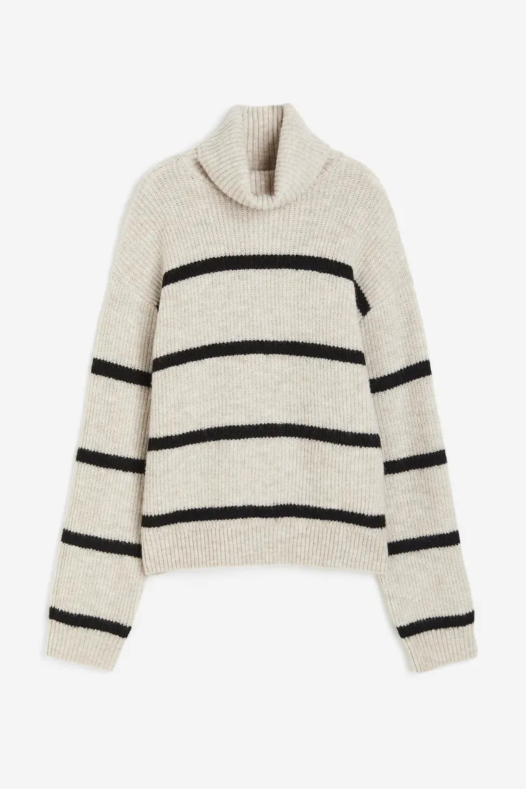 Rib-knit Turtleneck Sweater - Light beige/striped - Ladies | H&M US | H&M (US + CA)