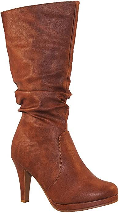 TRENDSUP Womens Page-43 Mid Calf Round Toe Slouched High Heel Boots | Amazon (US)