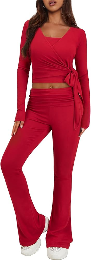 Women's 3 Piece Lounge Sets V Neck Long Sleeve Cross Wrap Shirts Tube Crop Tops Fold Over Flare P... | Amazon (US)