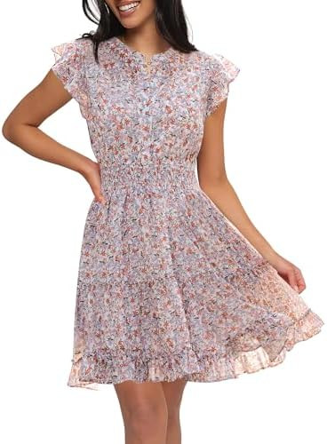 Caracilia Women Summer Casual Floral Flutter Short Sleeve A-Line Flowy Lined Boho Wedding Guest T... | Amazon (US)