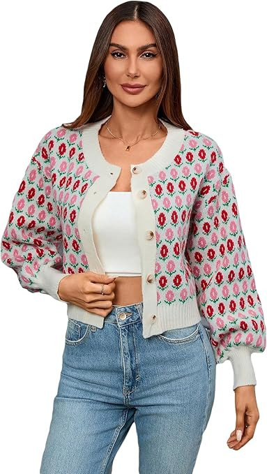 WDIRARA Women's Floral Button Down Ribbed Knit Crew Neck Cropped Cardigan Sweater | Amazon (US)
