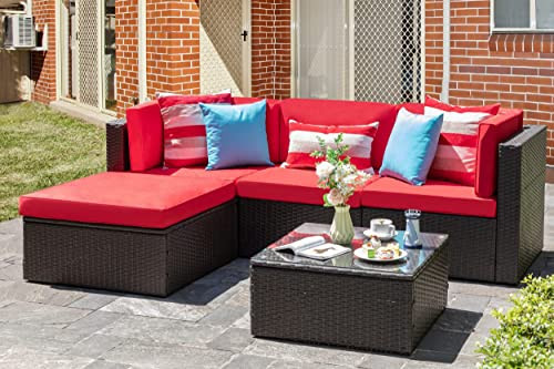 Vongrasig 5 Piece Furniture, Small All-Weather Brown PE Wicker Outdoor Couch Sectional Patio Conversation Set Garden Patio Sofa w/Ottoman, Glass Table, Red | Amazon (US)