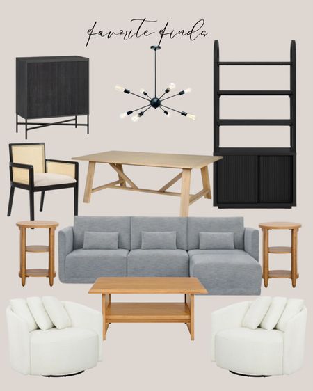 Walmart favorite finds:
Black cabinet. Black chandelier modern. Black shelf tall. Black dining chair. Natural wood dining table. Gray sectional. Natural wood side tables. Natural wood coffee table. White accent chairs.

#LTKhome #LTKsalealert