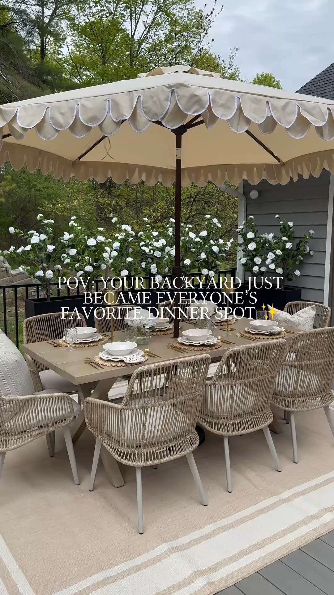 #ad POV: Your backyard just became everyone’s favorite dinner spot. 

Creating an outdoor space that feels cozy and elevated doesn’t have to be complicated. I’m loving the warm neutral tones, woven textures, scalloped umbrella detail, and comfy seating that makes this patio feel like an outdoor extension of the home. These finds from Wayfair are perfect for summer dinners, morning coffee, and hosting all season long. ✨

@Wayfair #wayfairpartner #wayfair #outdoor #outdoordining #outdoorliving #neutraldecor #neutralhome #patio #patiodecor #patiofurniture 

outdoor dining | patio chairs | scalloped umbrella | outdoor rug | patio refresh | neutral patio | woven chairs | cozy seating | outdoor entertaining | deck decor | patio ideas | summer hosting | backyard inspiration | outdoor table | neutral decor | patio styling | outdoor living | deck furniture | wayfair finds | backyard setup | outdoor decor | patio season | dining set | woven textures | cozy patio

#LTKHome #LTKSaleAlert