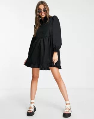 Miss Selfridge ruffle hem poplin mini smock dress in black | ASOS (Global)