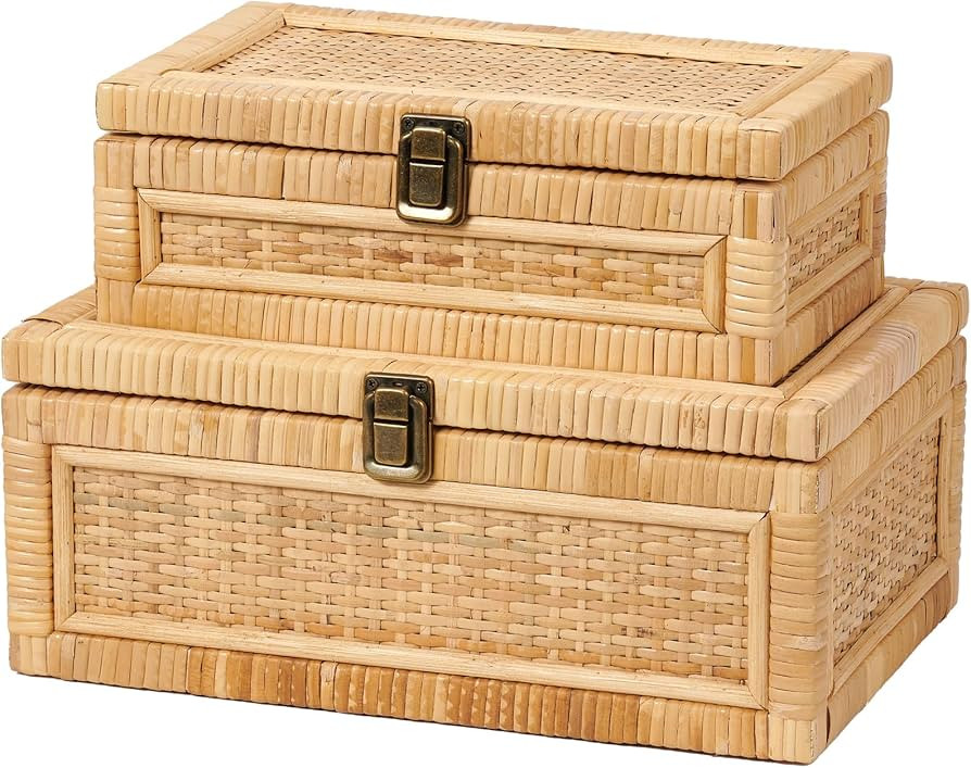 2PCS Rattan Box with Lid Decorative Natural Handmade Boho Baskets Woven Wicker Cane Bins Keepsake... | Amazon (US)