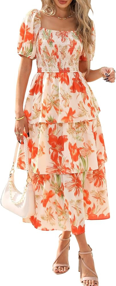 BTFBM Womens Square Neck Smocked Dress Summer Puff Short Sleeve Floral Casual Ruffle Tiered Maxi ... | Amazon (US)