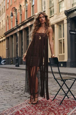 Cecilia Mocha Fringe Maxi Dress S | 12th Tribe