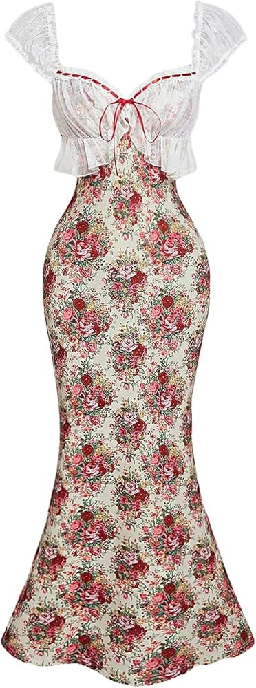 GORGLITTER Women's Floral Lace Fishtail Tea Party Sun Dresses Bow Summer Cocktail Graduation Prom... | Amazon (US)
