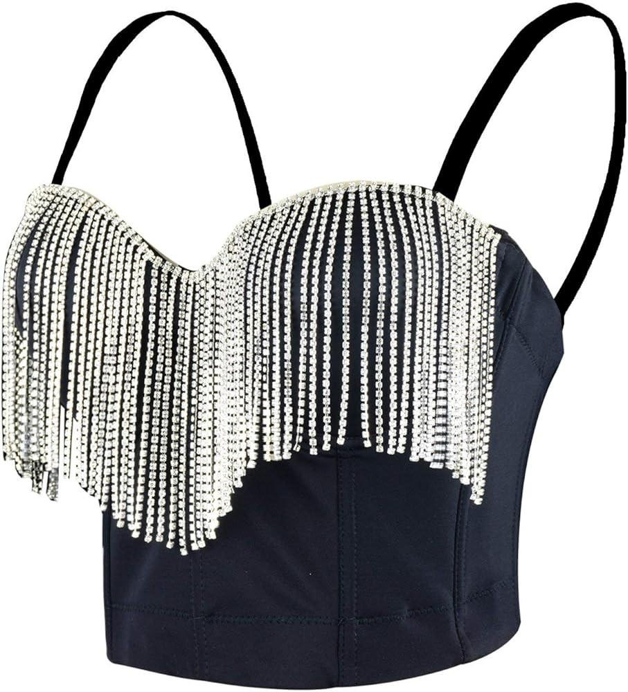 ELLACCI Women's Tassel Rhinestone Bustier Crop Top Corset Top Bra Black | Amazon (US)