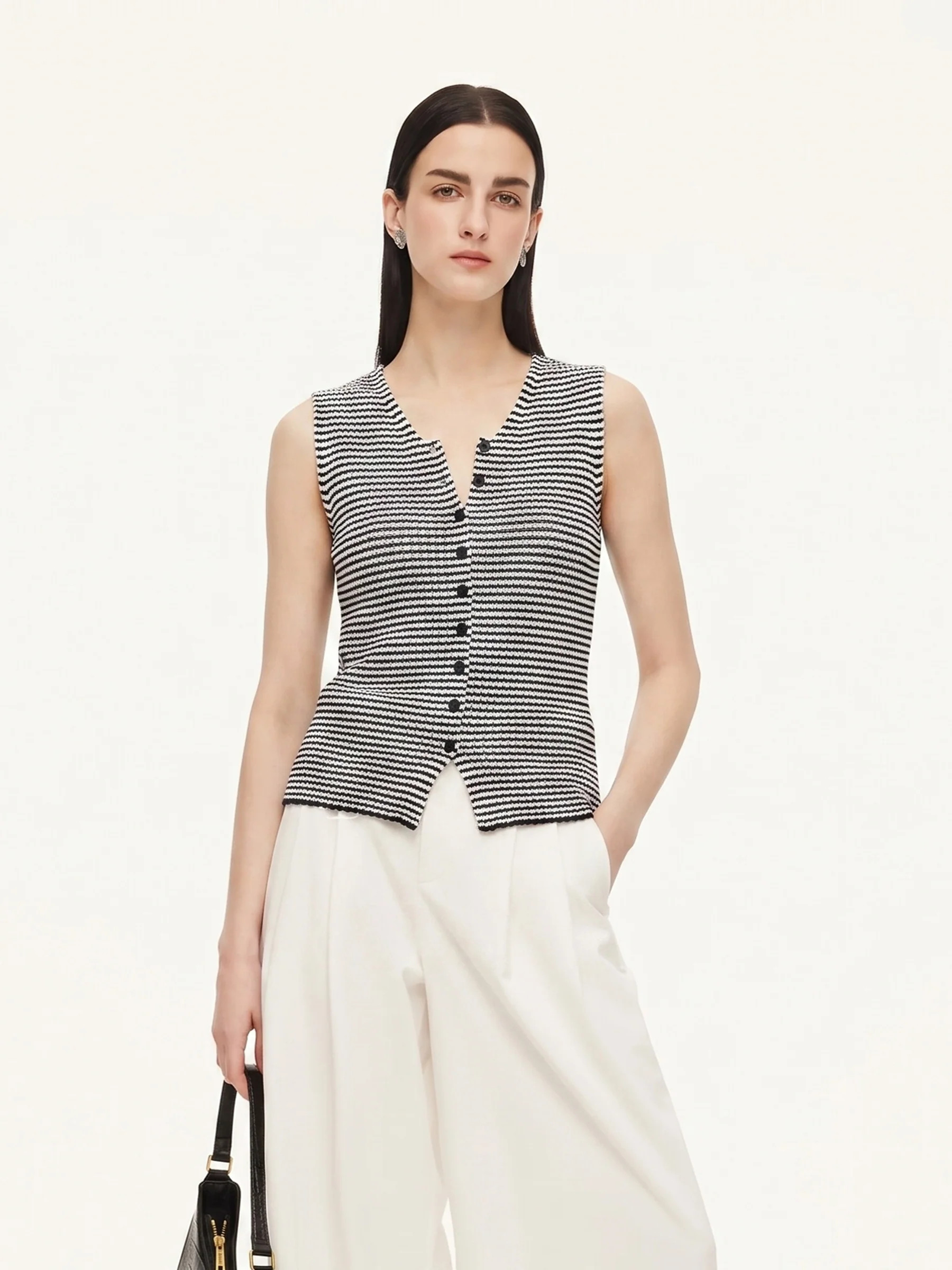 Cotton Blend Black And White Stripe Women Knit Vest | GOELIA