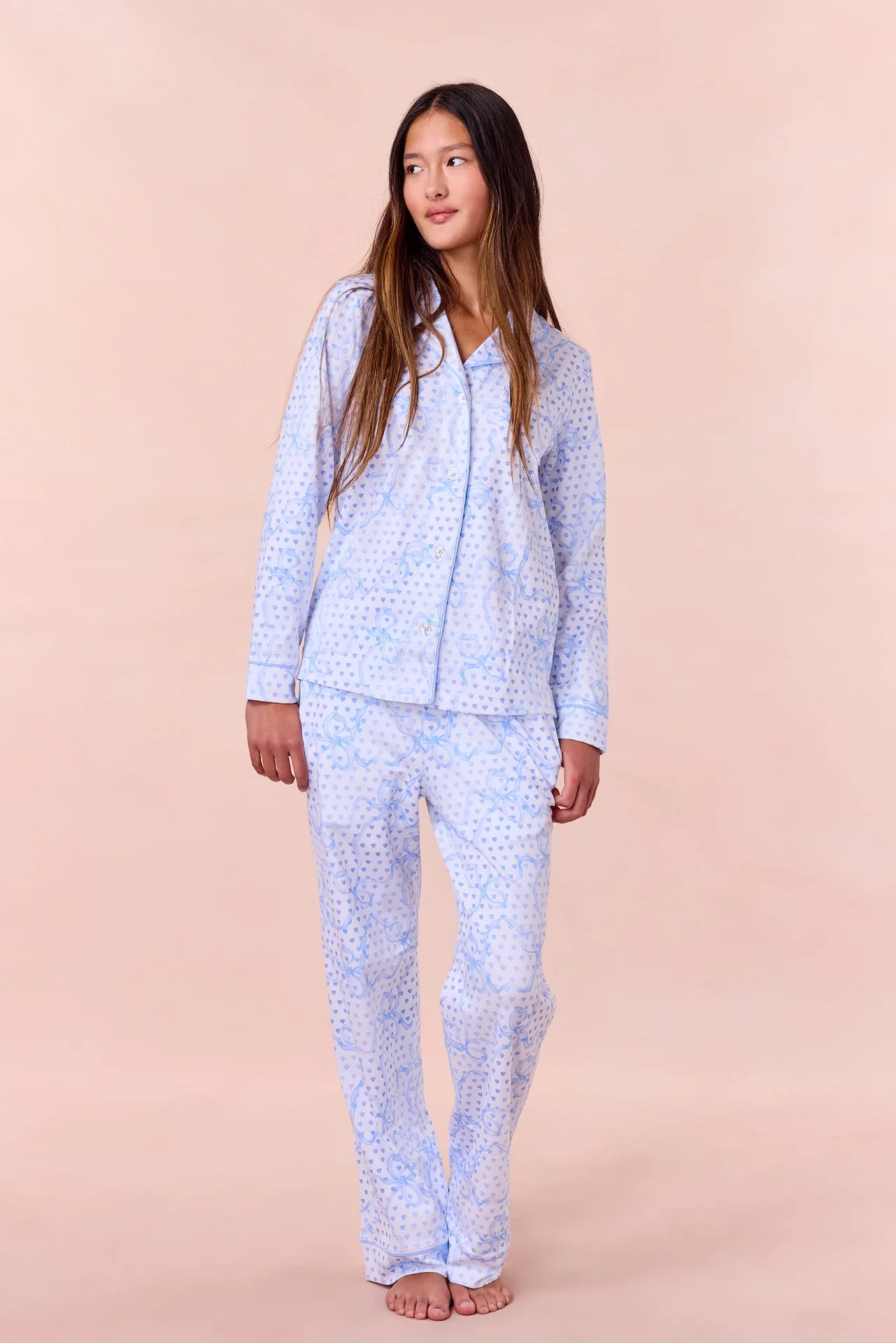 Luna Bow Hearts Long Sleeve Polo Pajamas PALE BLUE / XXS | Roller Rabbit