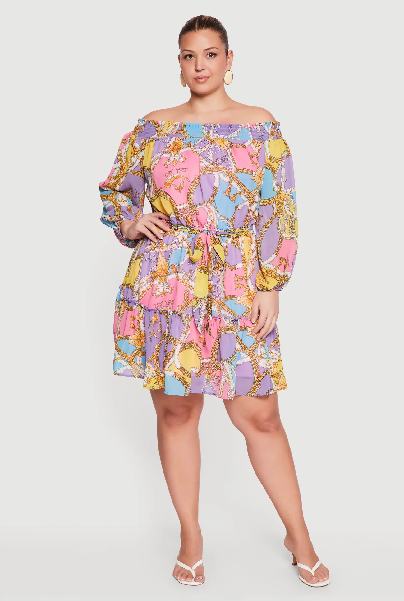 Plus Size Baroque Print Off The Shoulder Dress with Tie Waist Belt | Rainbow Shops