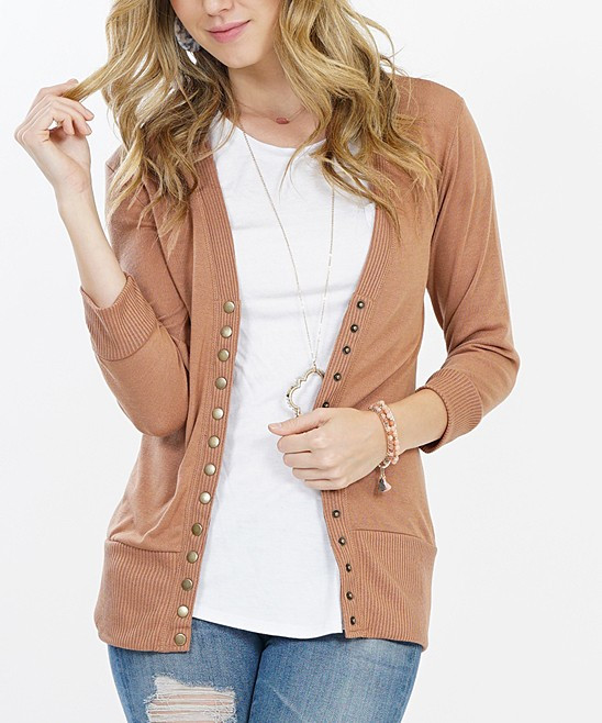42POPS Women's Cardigans CAMEL - 3Q sleeve snap button cardigan - Women & Plus | Zulily