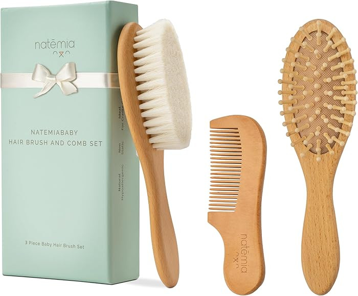 Natemia Premium Wooden Baby Hair Brush and Comb Set - Natural Soft Bristles - Ideal for Cradle Ca... | Amazon (UK)