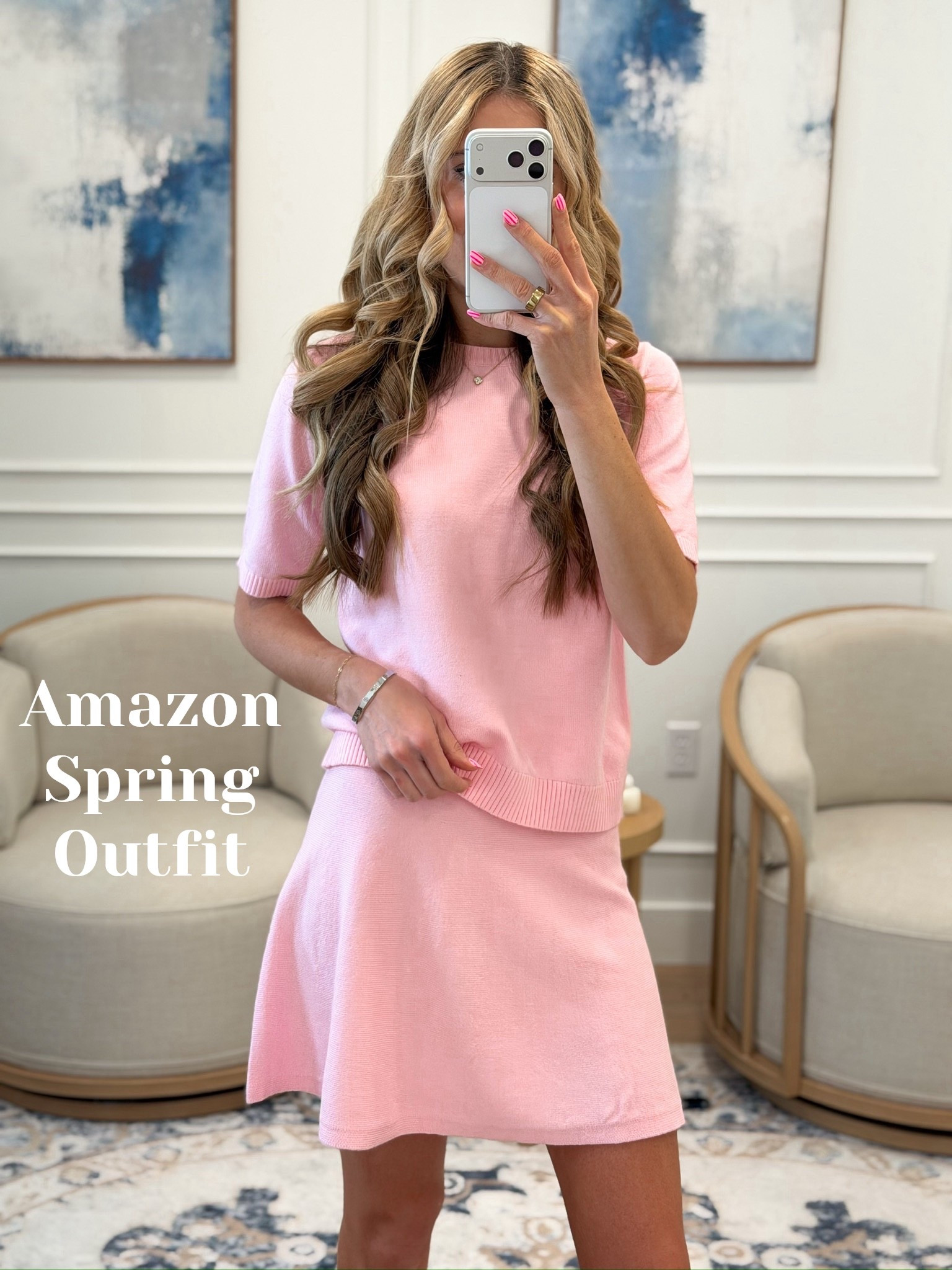Amazon finds that are so good right now — this baby pink knit skirt set is the sweetest spring outfit 🩷✨ Matching short sleeve sweater top and flare mini skirt in the softest pink knit — feminine, effortless, and looks way more expensive than it is. A set this pretty basically styles itself. 

#LTKWorkwear #LTKSeasonal #LTKootd
