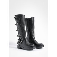 Womens Chunky Harness Buckle Biker Boots - Black - 3, Black | Boohoo.com (UK & IE)