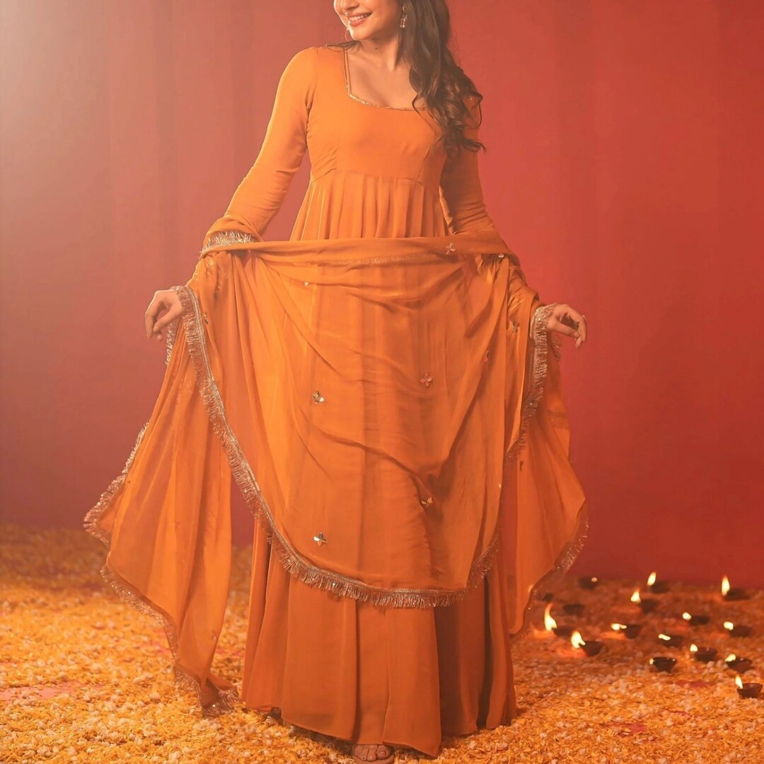hand embroidery Orange Anarkali suit in usa with dupatta-Shalwar kameez for women | Etsy (US)