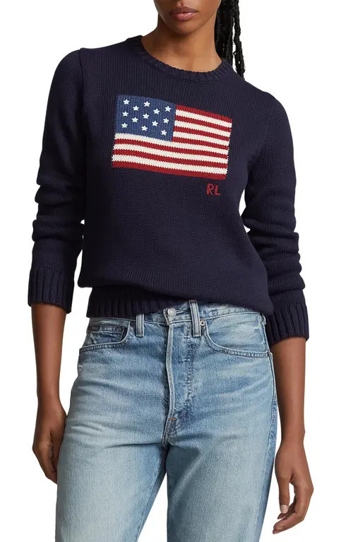 Polo Ralph Lauren Flag Crewneck Sweater in Navy at Nordstrom, Size Xx-Large | Nordstrom