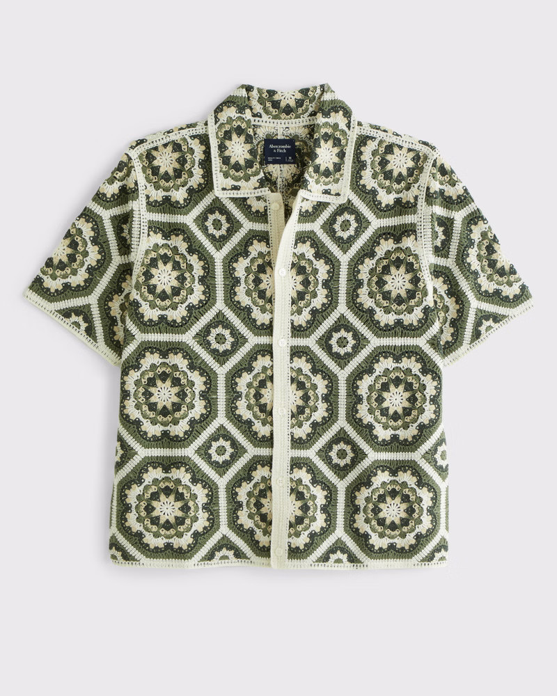 Abercrombie & Fitch Men's Crochet-Style Floral Pattern Button-Through Sweater Polo in Clover Green Pattern - Size L | Abercrombie & Fitch (US)