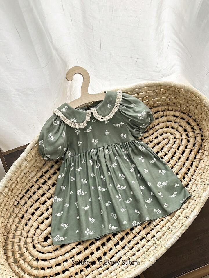 Cozy Pixies Baby Girl Floral Pattern Color-Block Bubble Hem Short Sleeve Dress With Floral Collar | SHEIN