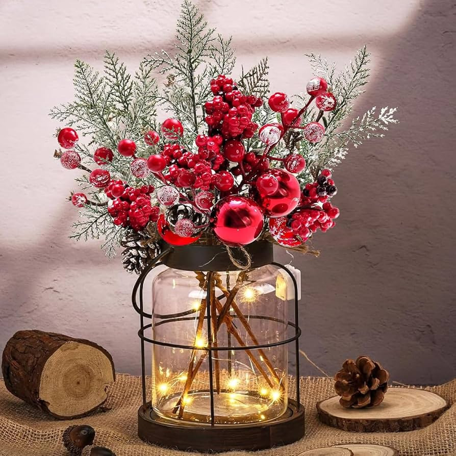 Rustic Vintage Glass Farmhouse Vase with LED Lights, Christmas Home Decor for Winter with Red Ber... | Amazon (US)