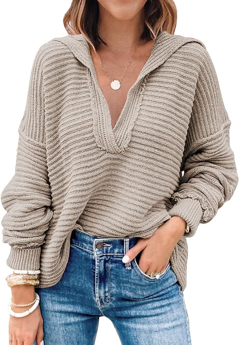 LILLUSORY Women's V Neck Oversized Sweaters Long Batwing Sleeve Collared Asymmetrical Hem Knit Pullo | Amazon (US)