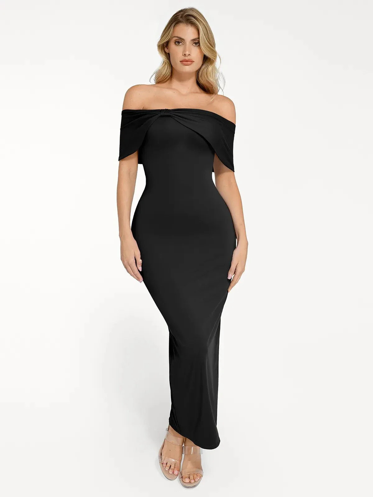 Shapewear Off-the-Shoulder Slim Column Maxi Dress Black / M | Popilush