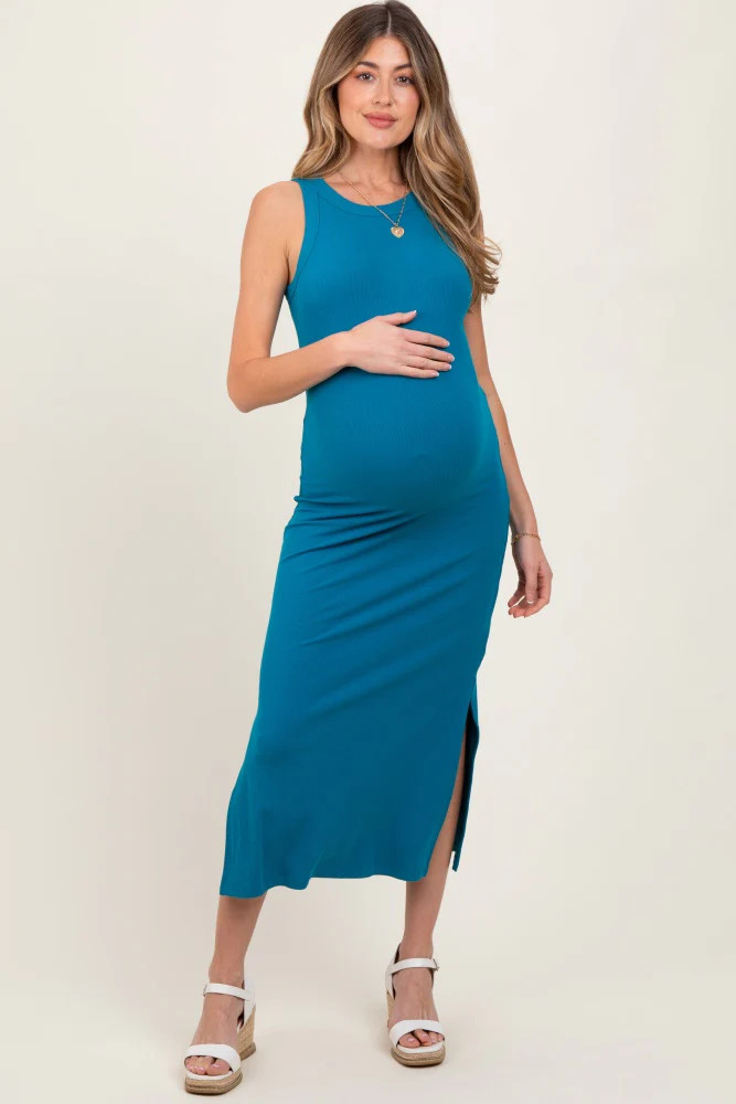 Teal Ribbed Maternity Side Slit Tank Dress | PinkBlush Maternity