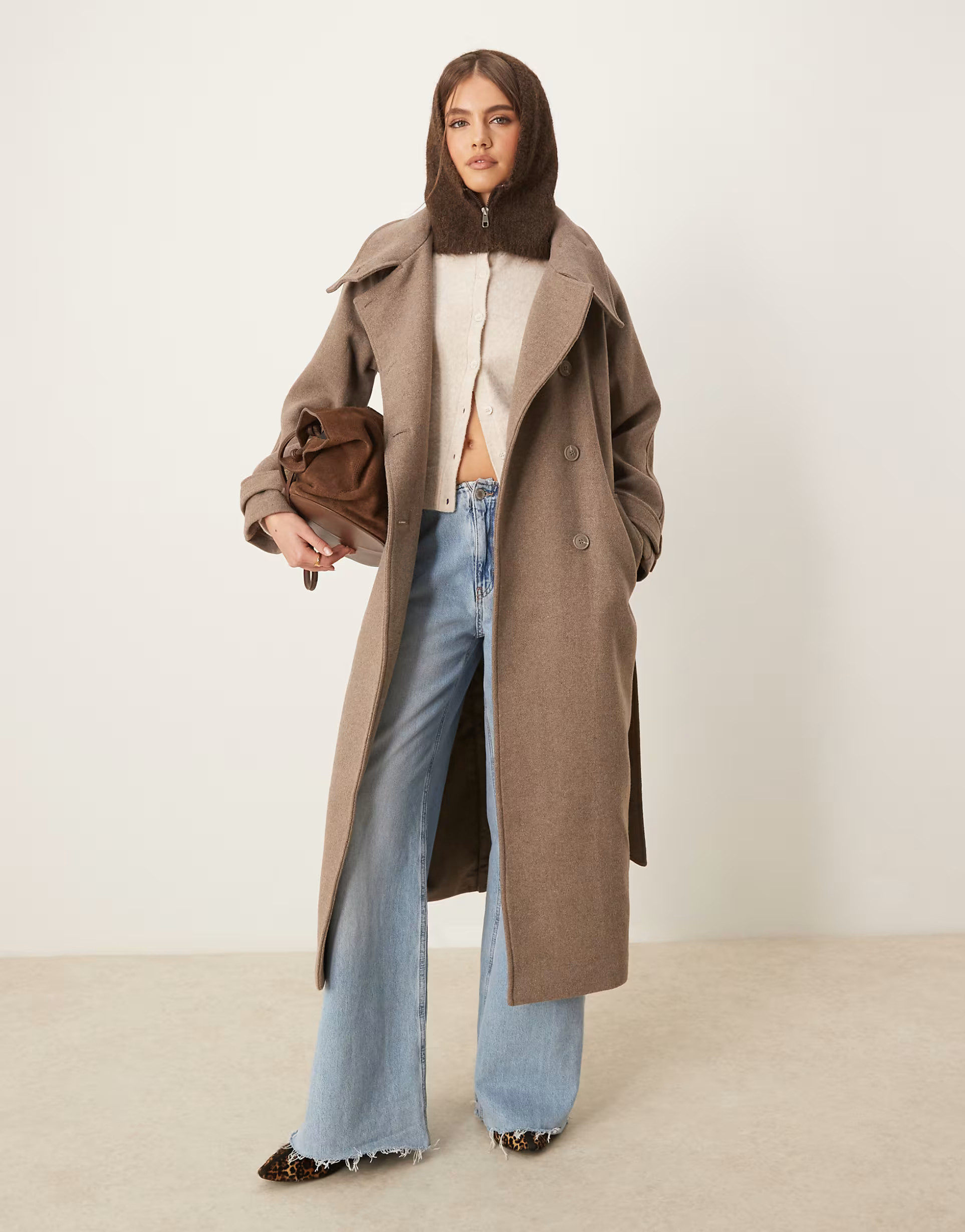 Gina Tricot wool blend belted midaxi coat with funnel neck detail in beige | ASOS (Global)