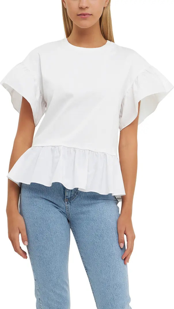 Mixed Media Flutter Sleeve Peplum Cotton Top | Nordstrom