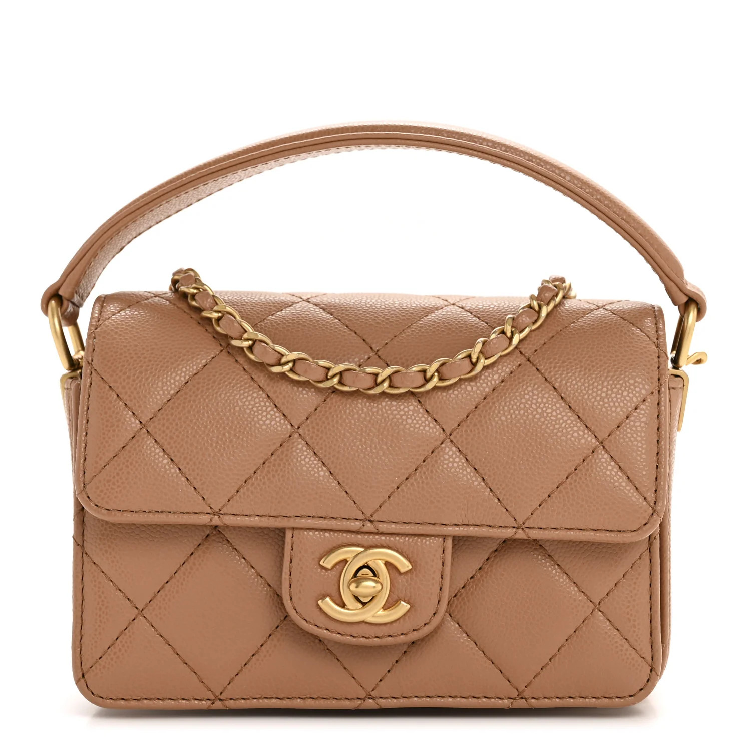 Shiny Caviar Quilted Mini Top Handle Flap Bag Camel | FASHIONPHILE (US)