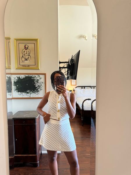 Vacation outfit: knit crochet white skirt and matching top with gold buttons 

#LTKStyleTip