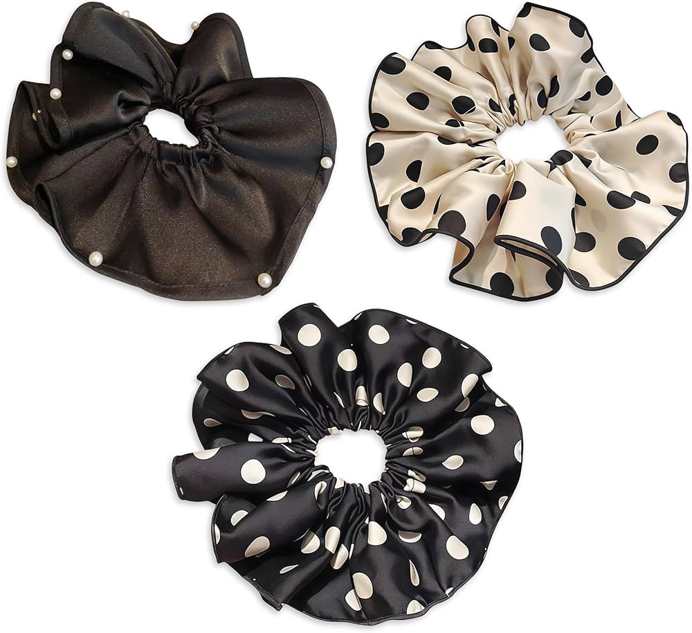 3 PCS 7.9 Inches Big Large Satin Scrunchies With Pearl and Polka Dot Vintage Chic Oversized Satin... | Amazon (US)